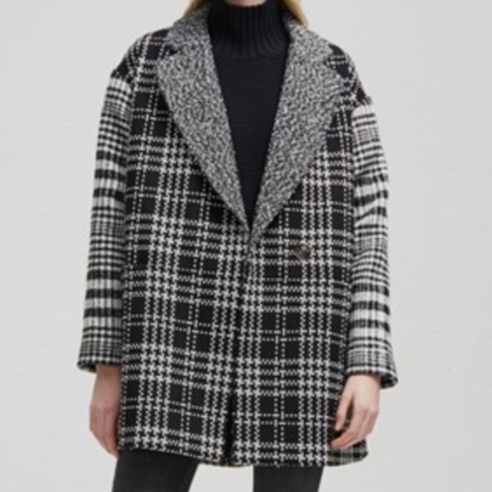 French Connection Belinda slouchy wool coat jacket Black White Sz M plaid
